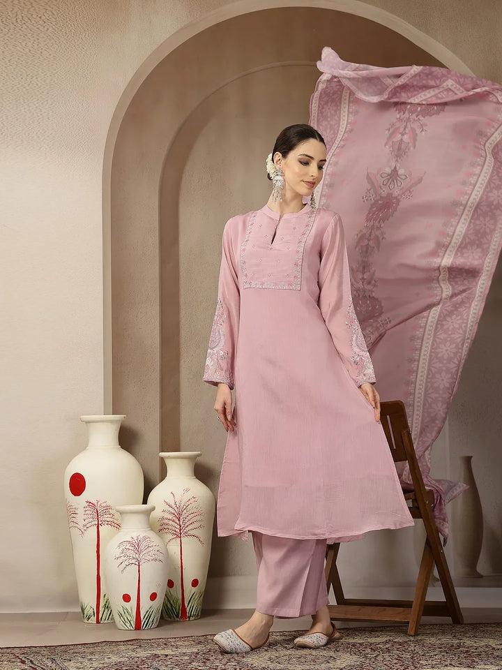 Light Pink Mul Chanderi Silk Embroidery A-Line Kurta Trouser Dupatta Set