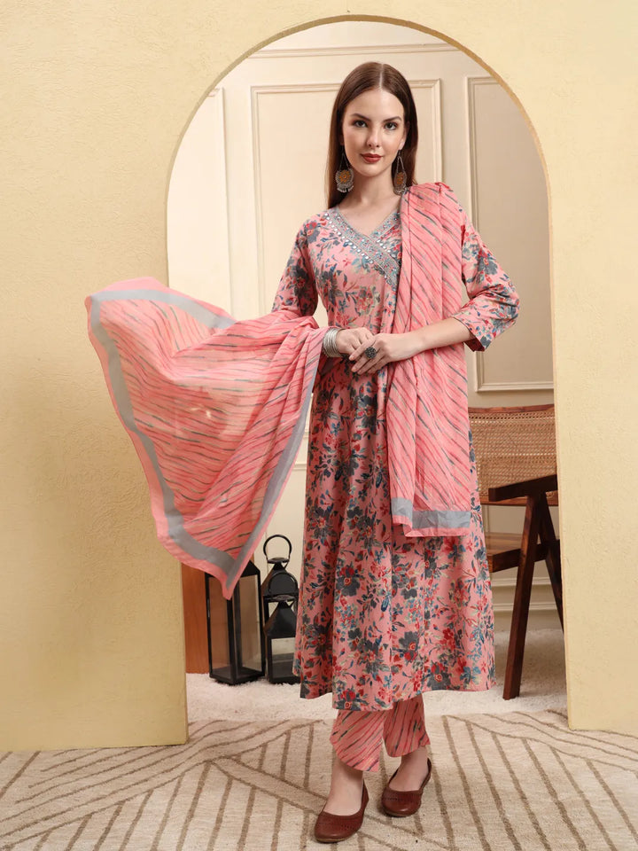 Light Pink Pure Cotton Thread Work Anarkali Kurta Trouser Dupatta Set