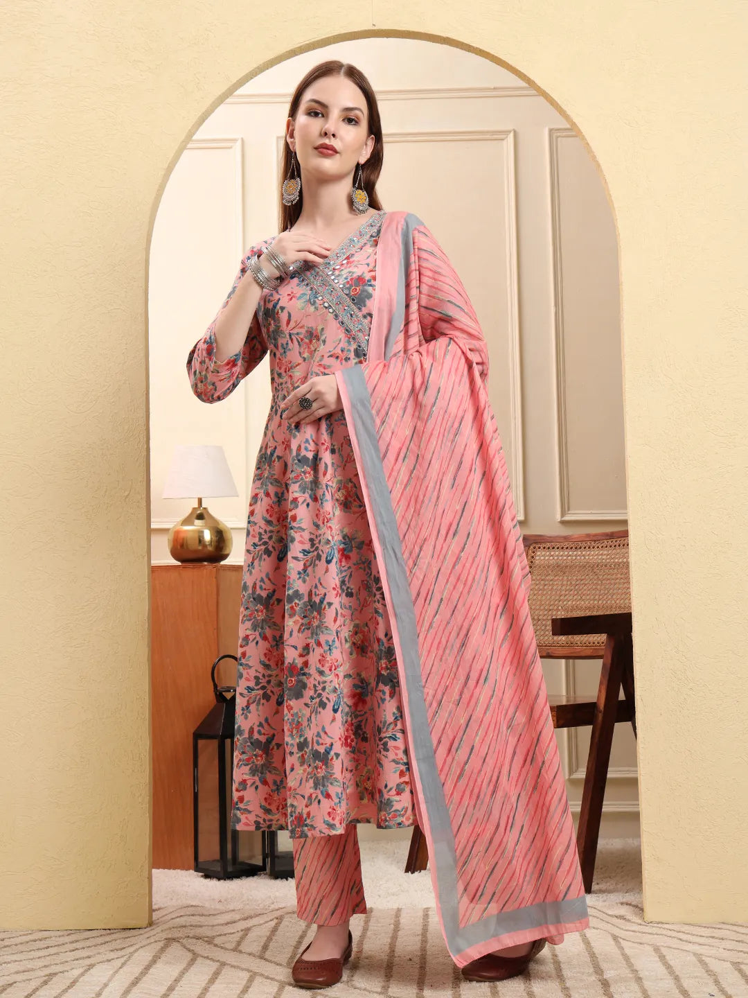 Women Cotton Embroidered Kurta, Trouser/Pant & Dupatta Set