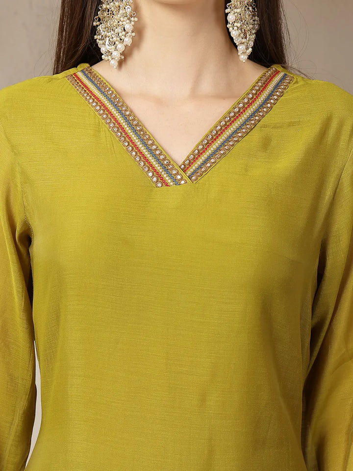 Lime Green Mul Chanderi Embroidery A-Line Kurta Trouser Dupatta Set