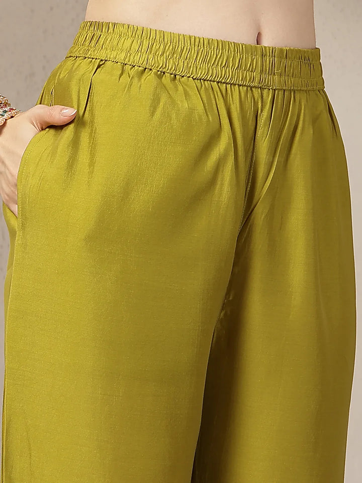 Lime Green Mul Chanderi Embroidery A-Line Kurta Trouser Dupatta Set