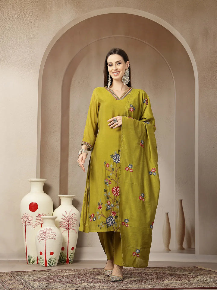Lime Green Mul Chanderi Embroidery A-Line Kurta Trouser Dupatta Set