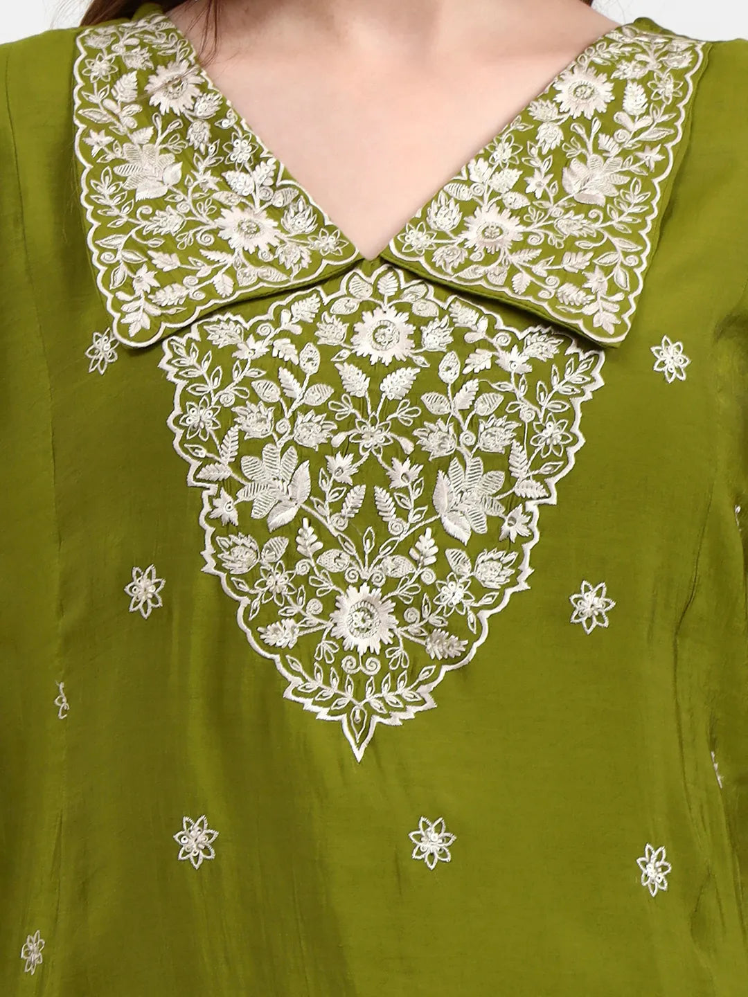 Lime Green Mul Chanderi Thread Work Sequins Work A-Line Kurta Trouser Dupatta Set