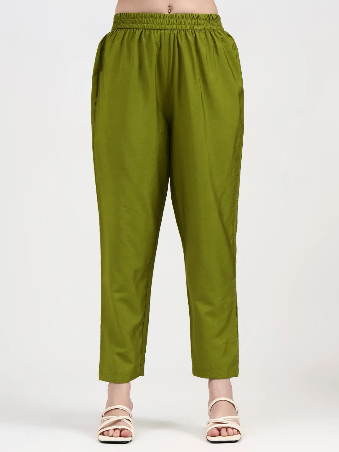 Lime Green Mul Chanderi Thread Work Sequins Work A-Line Kurta Trouser Dupatta Set