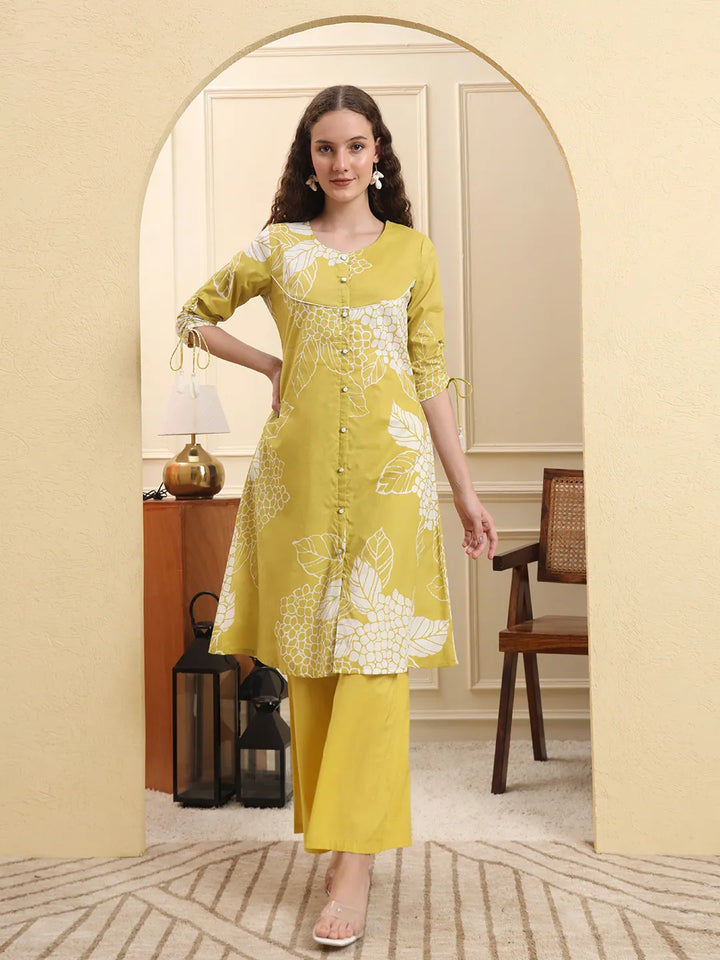 Lime Green Pure Cotton A Line Kurta Set