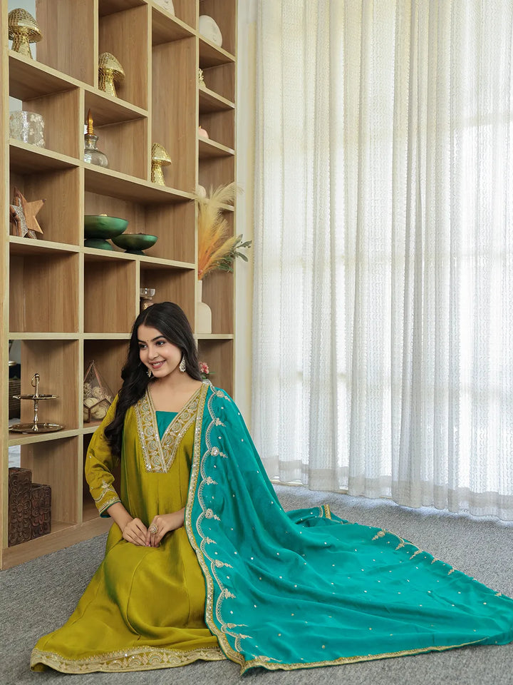 Lime Green Vichitra Kalidaar Kurta Trouser Dupatta Set