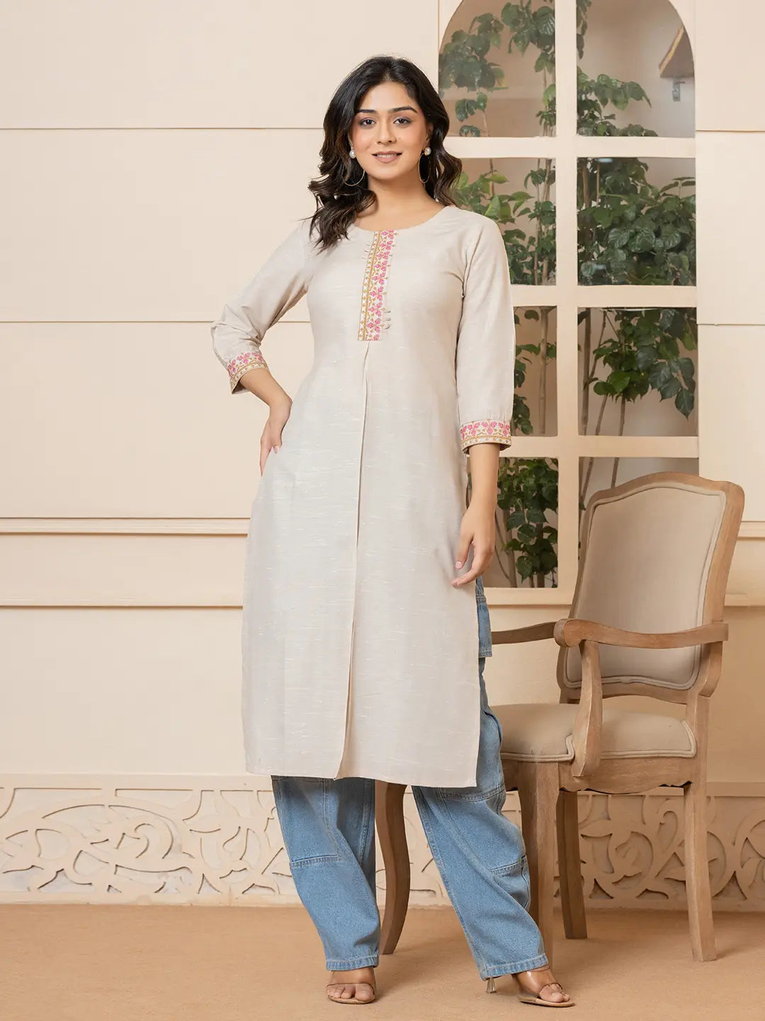 Linen Beige Embroidery Straight Kurta-Yufta Store-6019KURBGS