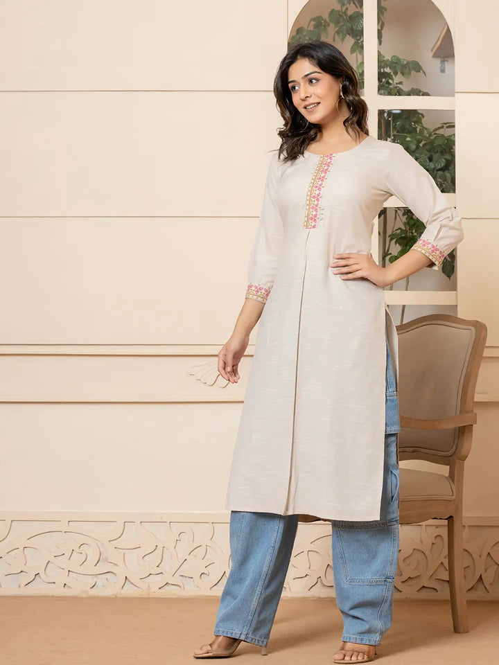 Linen Beige Embroidery Straight Kurta-Yufta Store-6019KURBGS