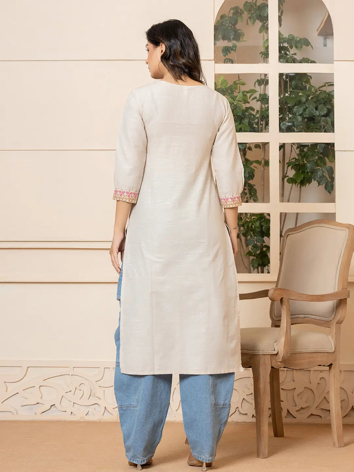 Linen Beige Embroidery Straight Kurta-Yufta Store-6019KURBGS