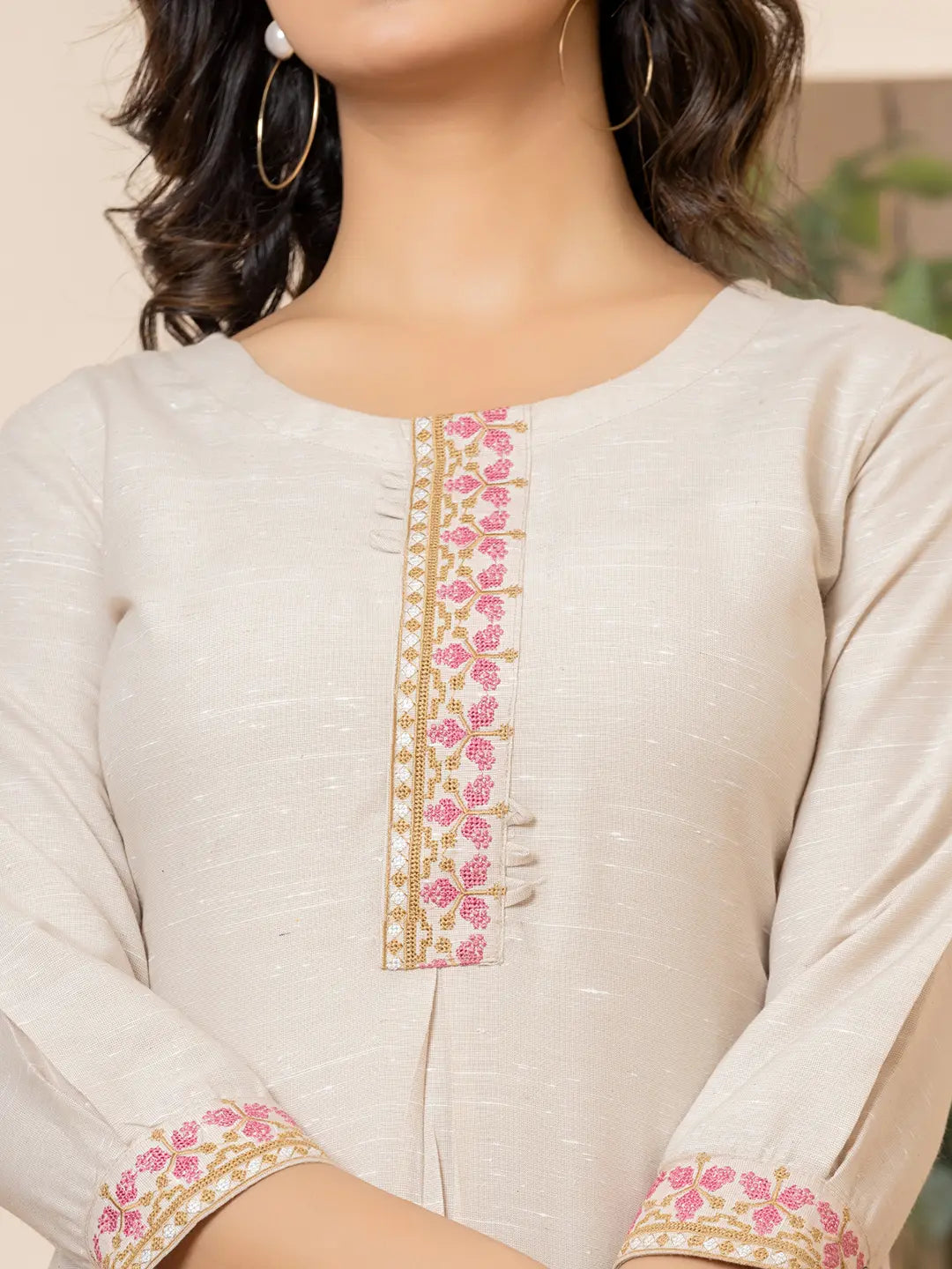 Linen Beige Embroidery Straight Kurta-Yufta Store-6019KURBGS