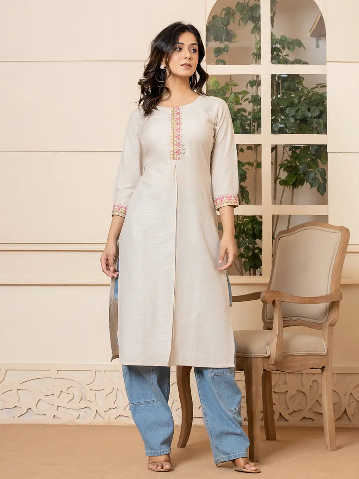 Linen Beige Embroidery Straight Kurta-Yufta Store-6019KURBGS