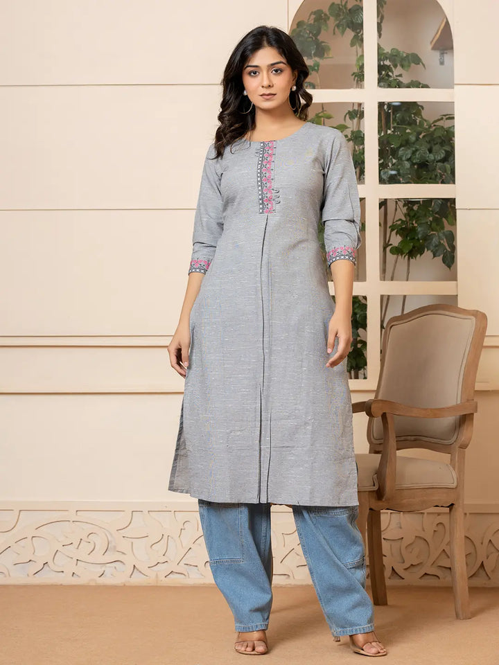 Linen Grey Embroidery Straight Kurta-Yufta Store-6019KURGYS