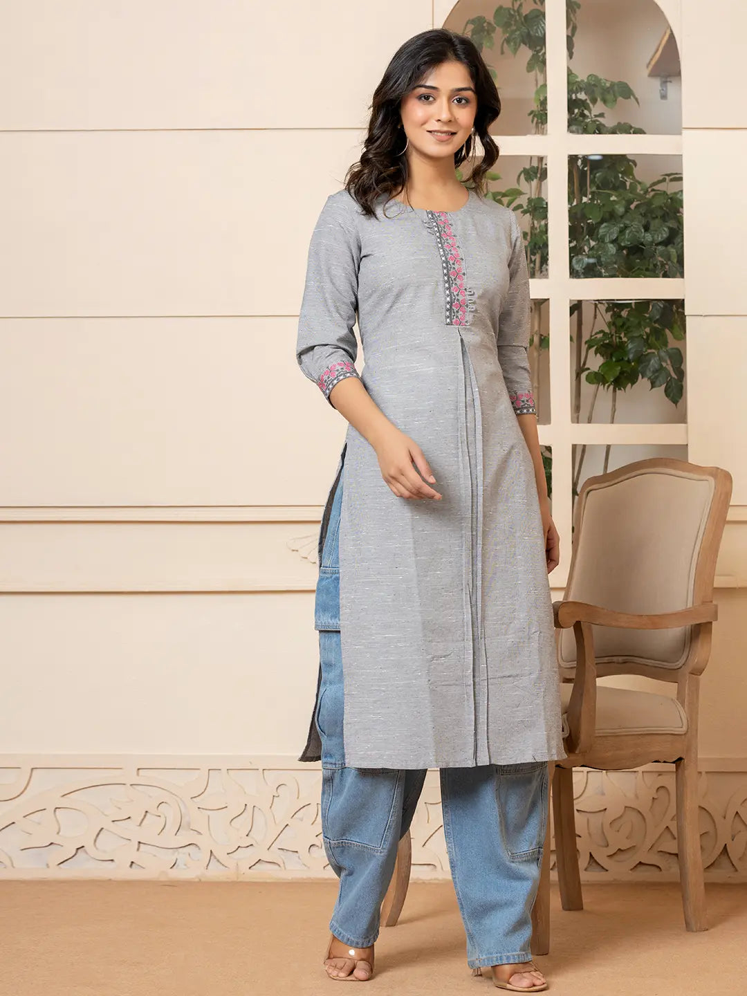 Linen Grey Embroidery Straight Kurta-Yufta Store-6019KURGYS