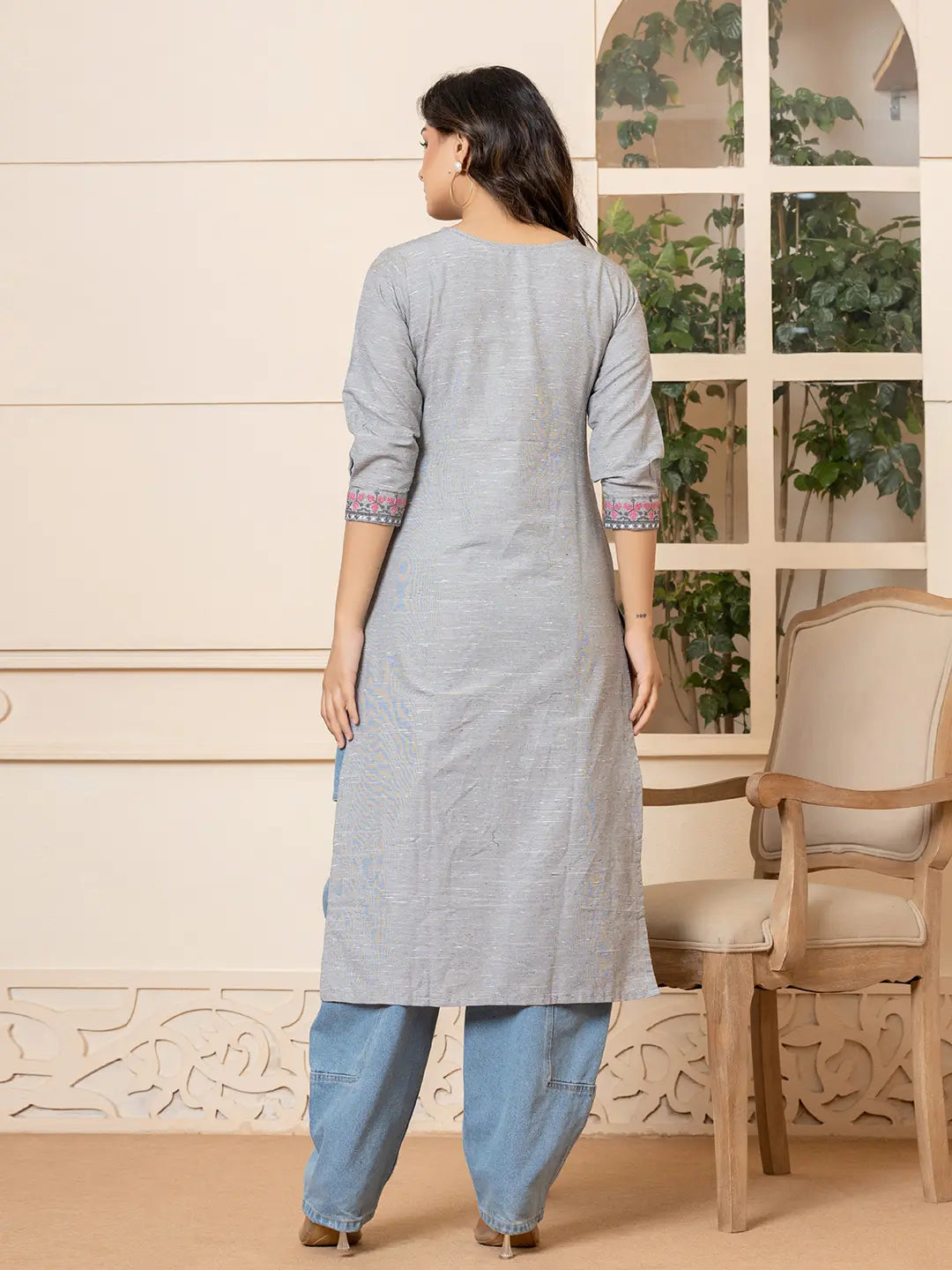 Linen Grey Embroidery Straight Kurta-Yufta Store-6019KURGYS