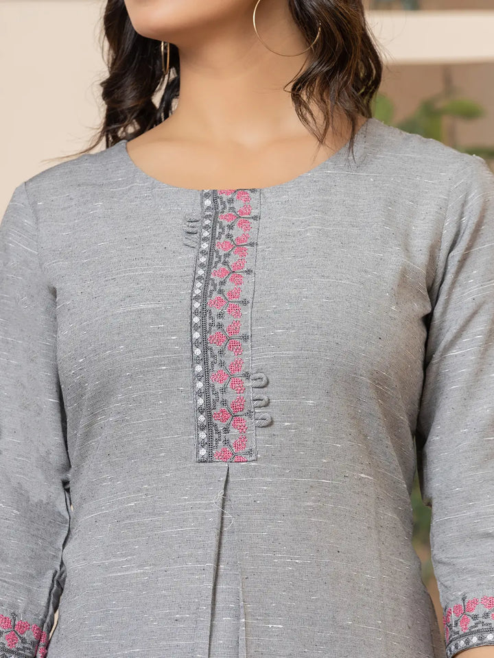 Linen Grey Embroidery Straight Kurta-Yufta Store-6019KURGYS