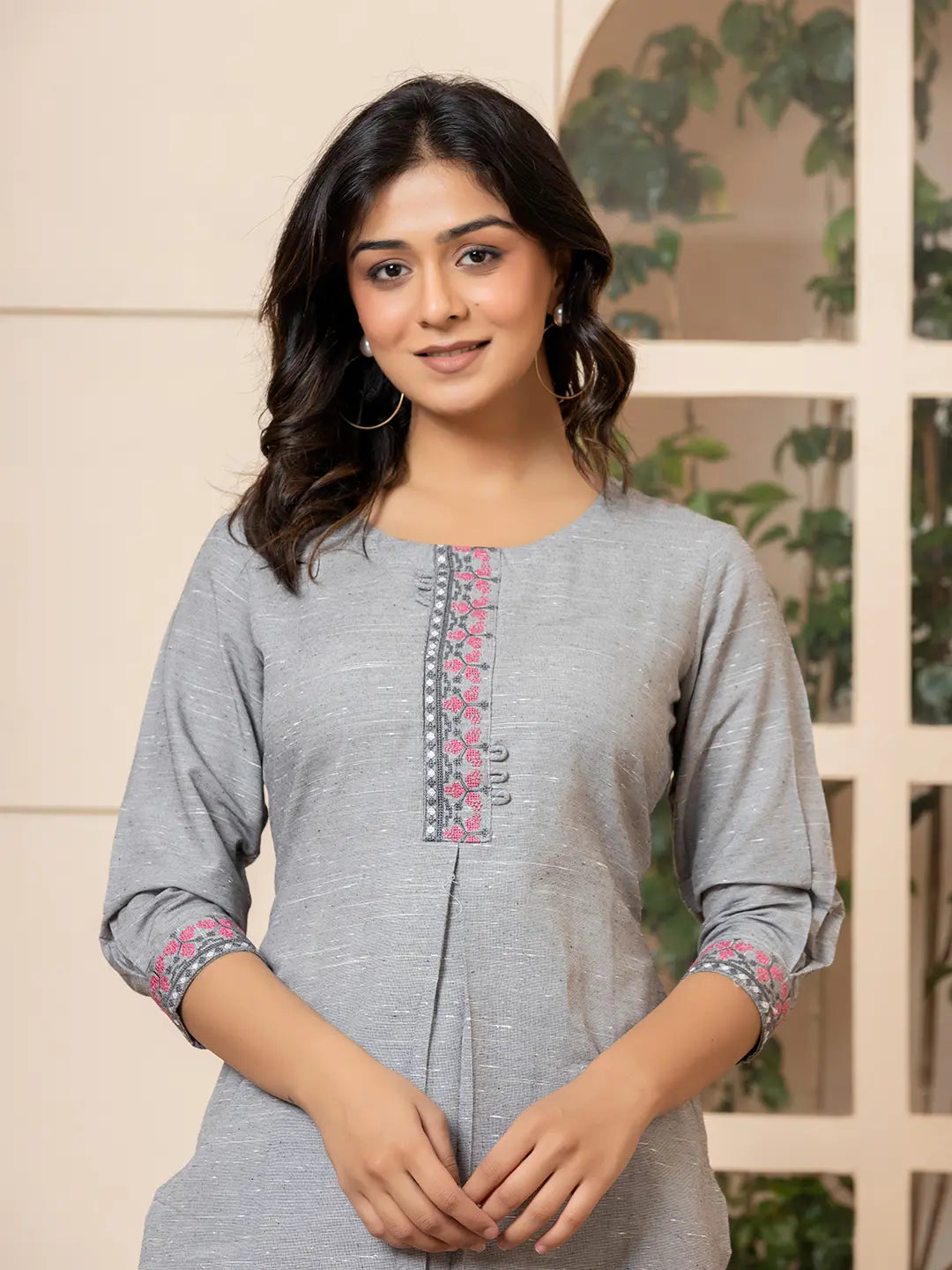 Linen Grey Embroidery Straight Kurta-Yufta Store-6019KURGYS