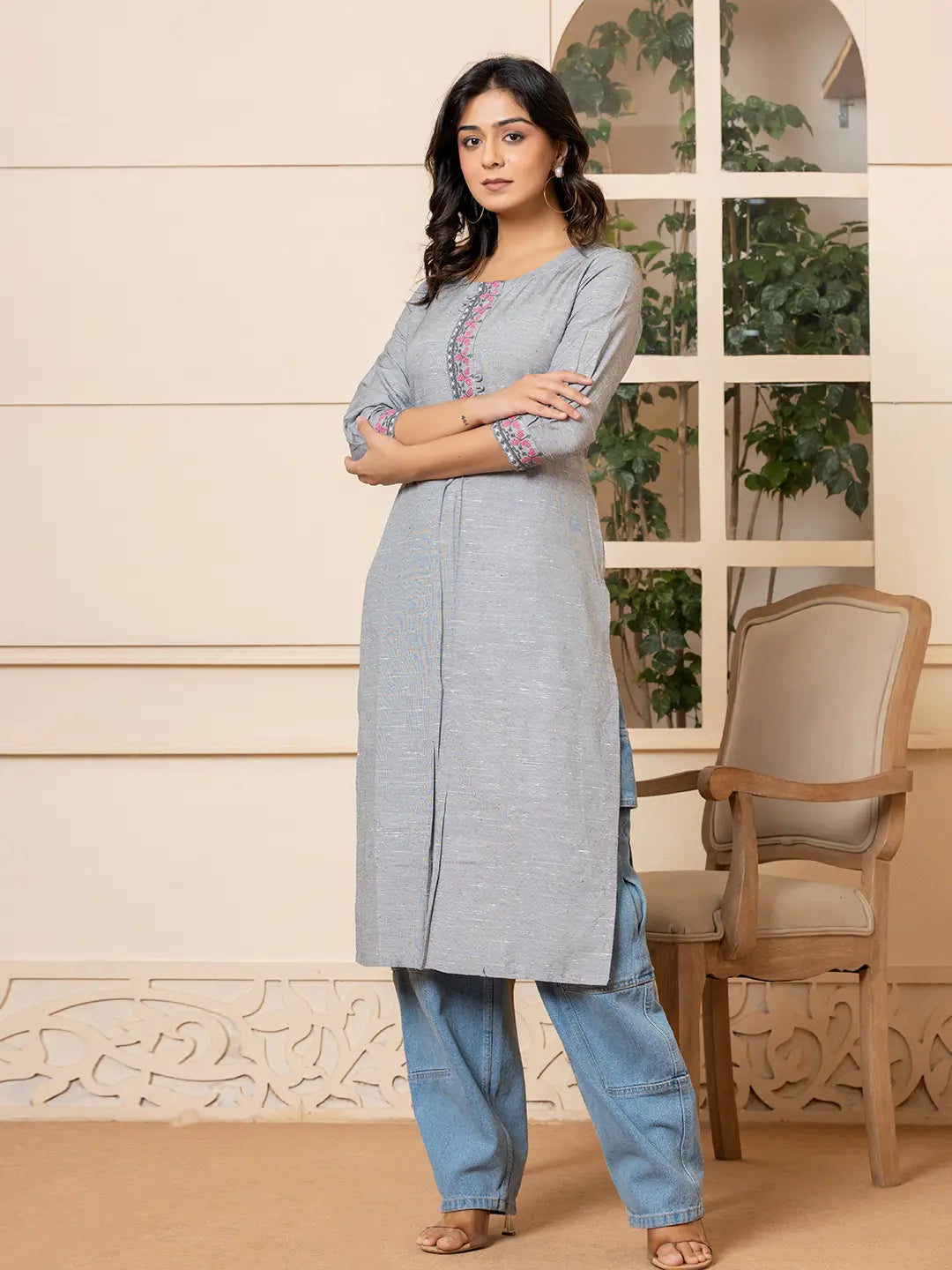 Linen Grey Embroidery Straight Kurta-Yufta Store-6019KURGYS