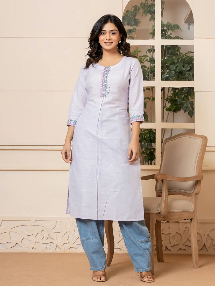 Linen Lavender Embroidery Straight Kurta-Yufta Store-6019KURLVS