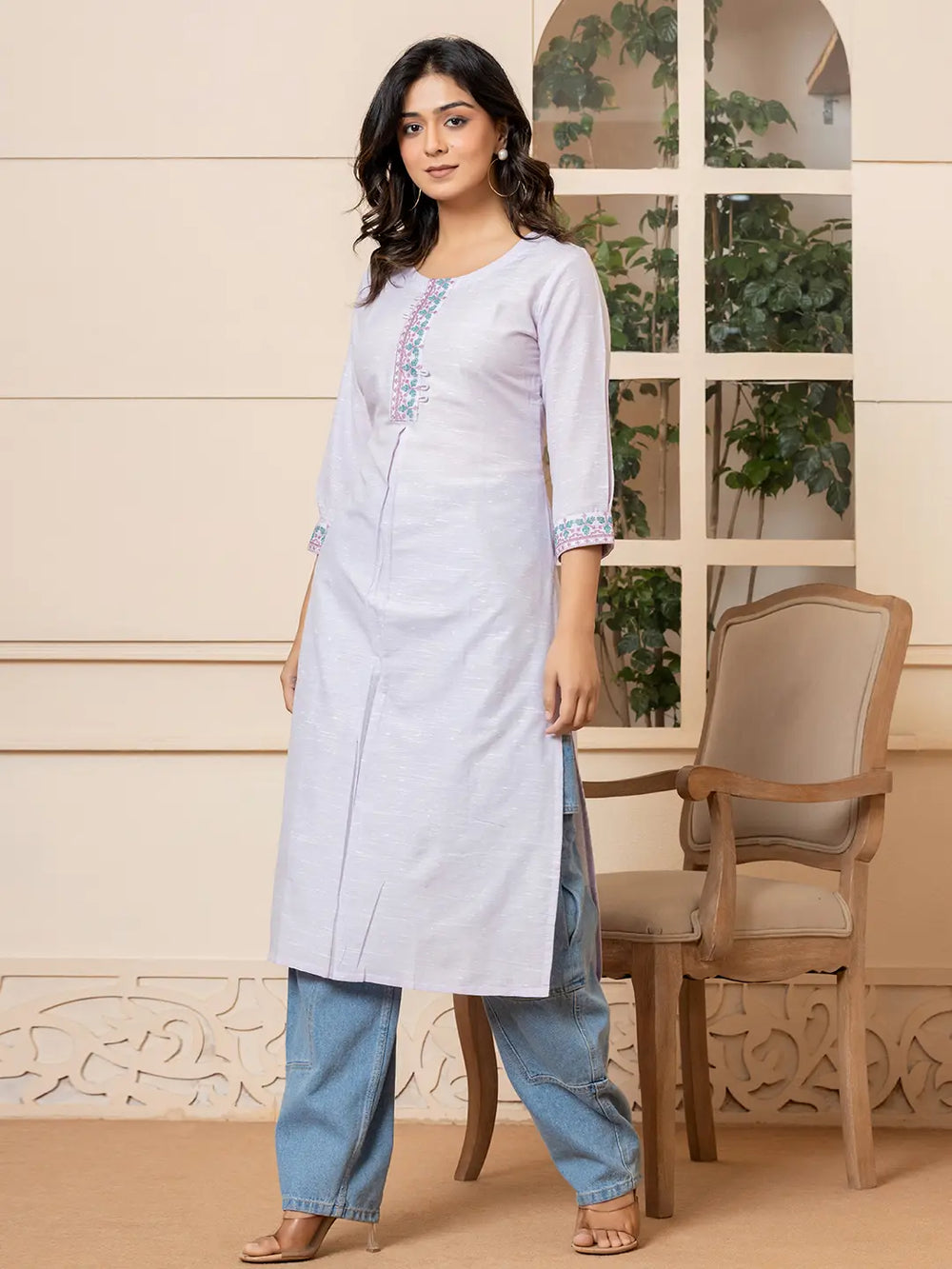 Linen Lavender Embroidery Straight Kurta-Yufta Store-6019KURLVS