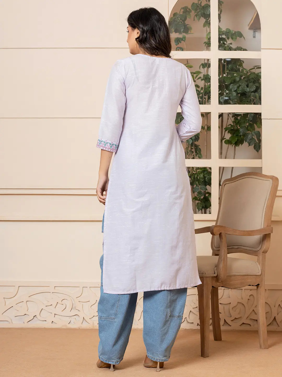 Linen Lavender Embroidery Straight Kurta-Yufta Store-6019KURLVS