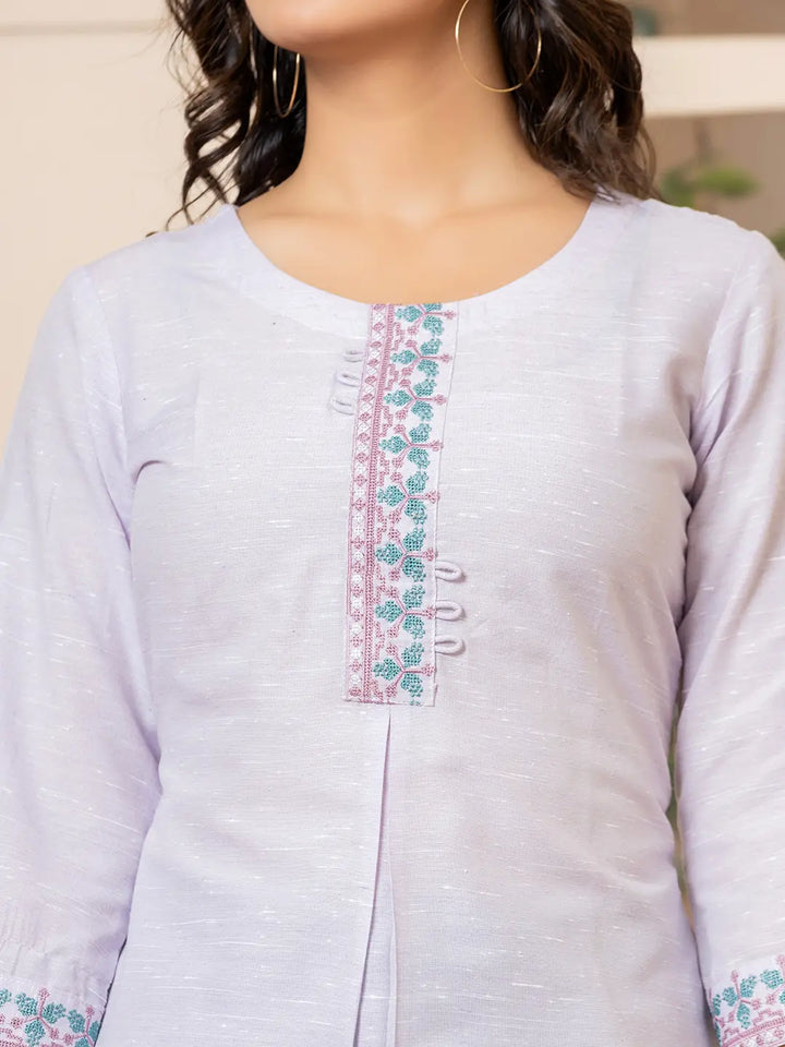 Linen Lavender Embroidery Straight Kurta-Yufta Store-6019KURLVS