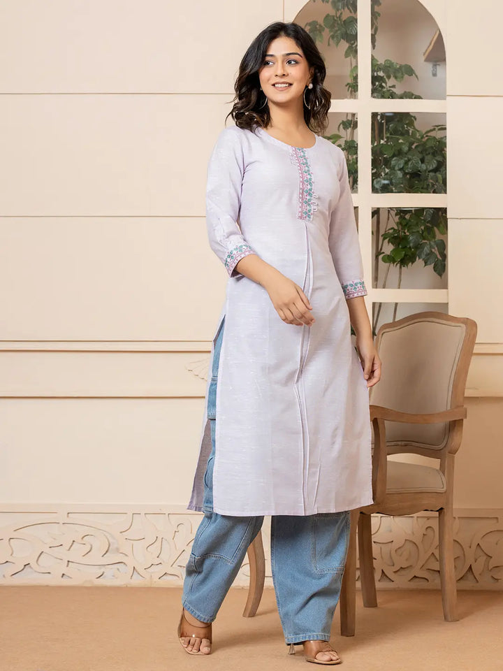 Linen Lavender Embroidery Straight Kurta-Yufta Store-6019KURLVS