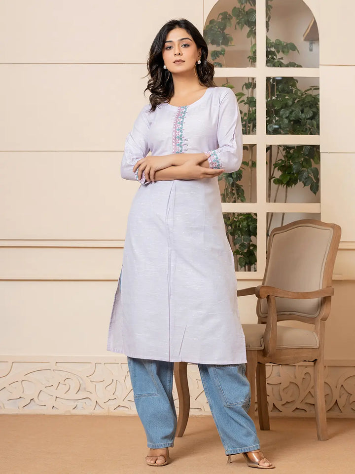 Linen Lavender Embroidery Straight Kurta-Yufta Store-6019KURLVS