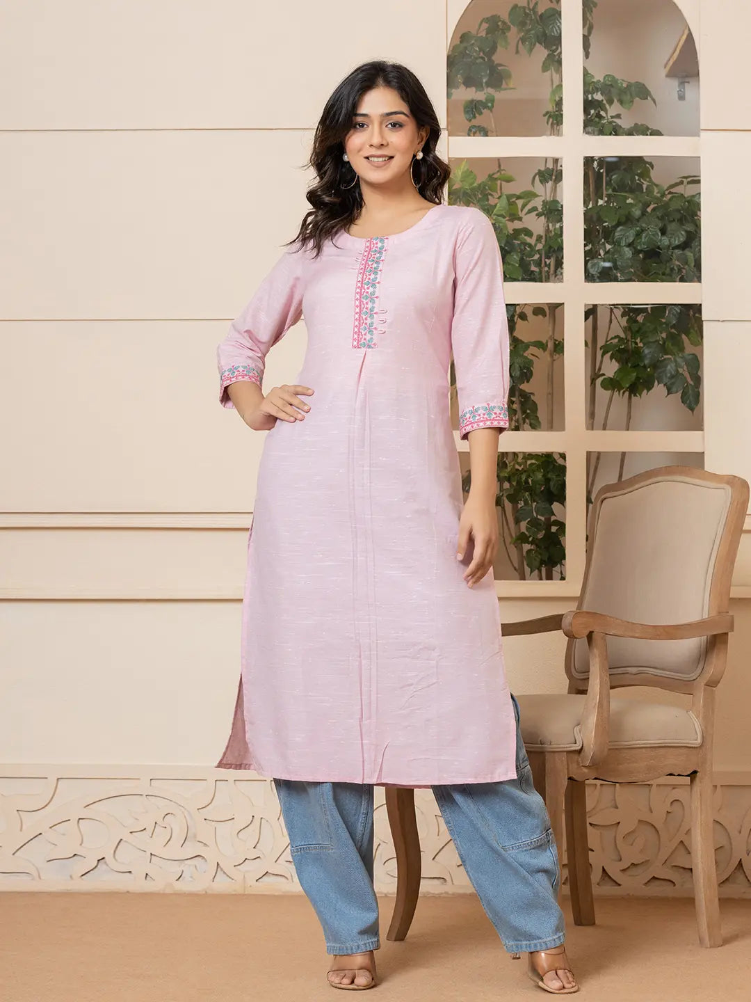 Linen Pink Embroidery Straight Kurta-Yufta Store-6019KURPKS