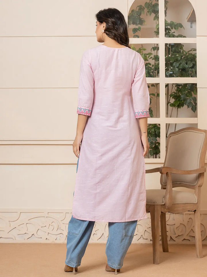 Linen Pink Embroidery Straight Kurta-Yufta Store-6019KURPKS