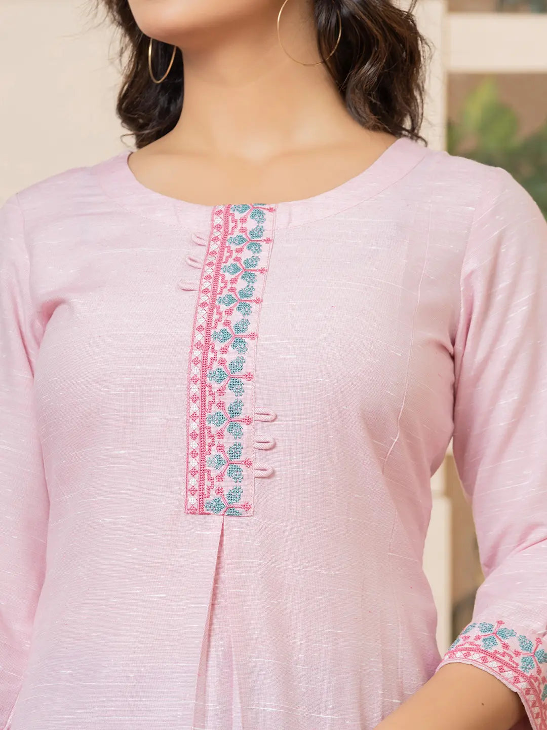 Linen Pink Embroidery Straight Kurta-Yufta Store-6019KURPKS