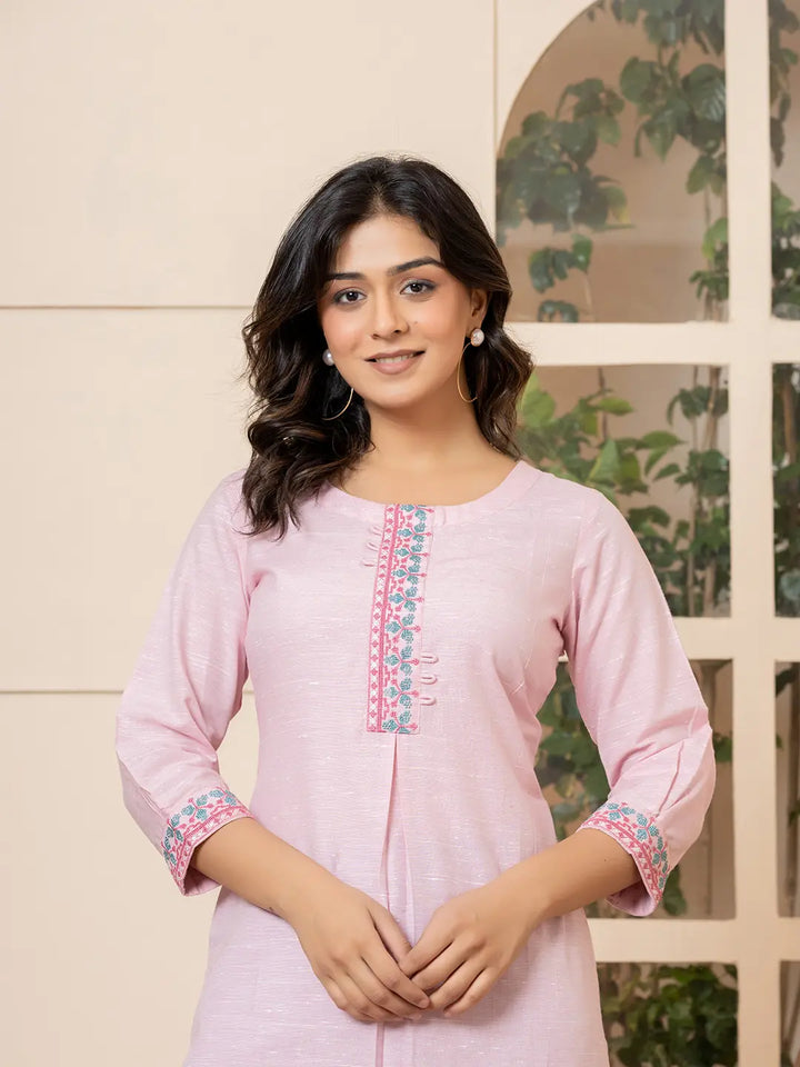 Linen Pink Embroidery Straight Kurta-Yufta Store-6019KURPKS