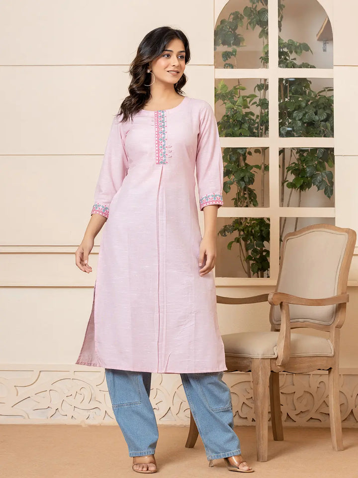 Linen Pink Embroidery Straight Kurta-Yufta Store-6019KURPKS