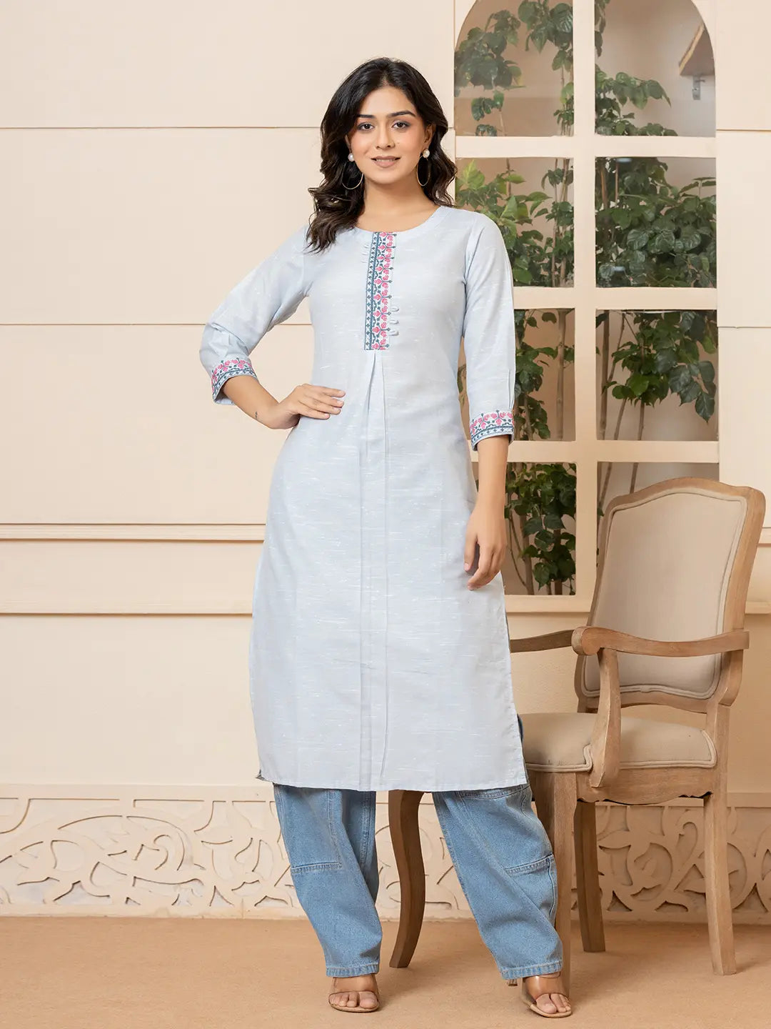 Linen Sky Blue Embroidery Straight Kurta-Yufta Store-6019KURSBS