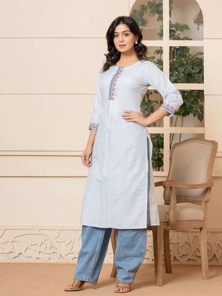 Linen Sky Blue Embroidery Straight Kurta-Yufta Store-6019KURSBS