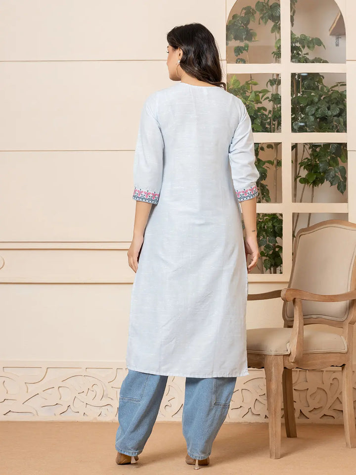 Linen Sky Blue Embroidery Straight Kurta-Yufta Store-6019KURSBS