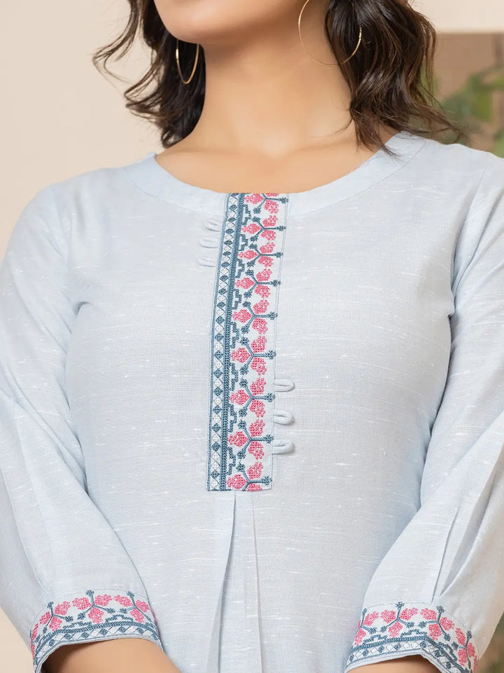 Linen Sky Blue Embroidery Straight Kurta-Yufta Store-6019KURSBS