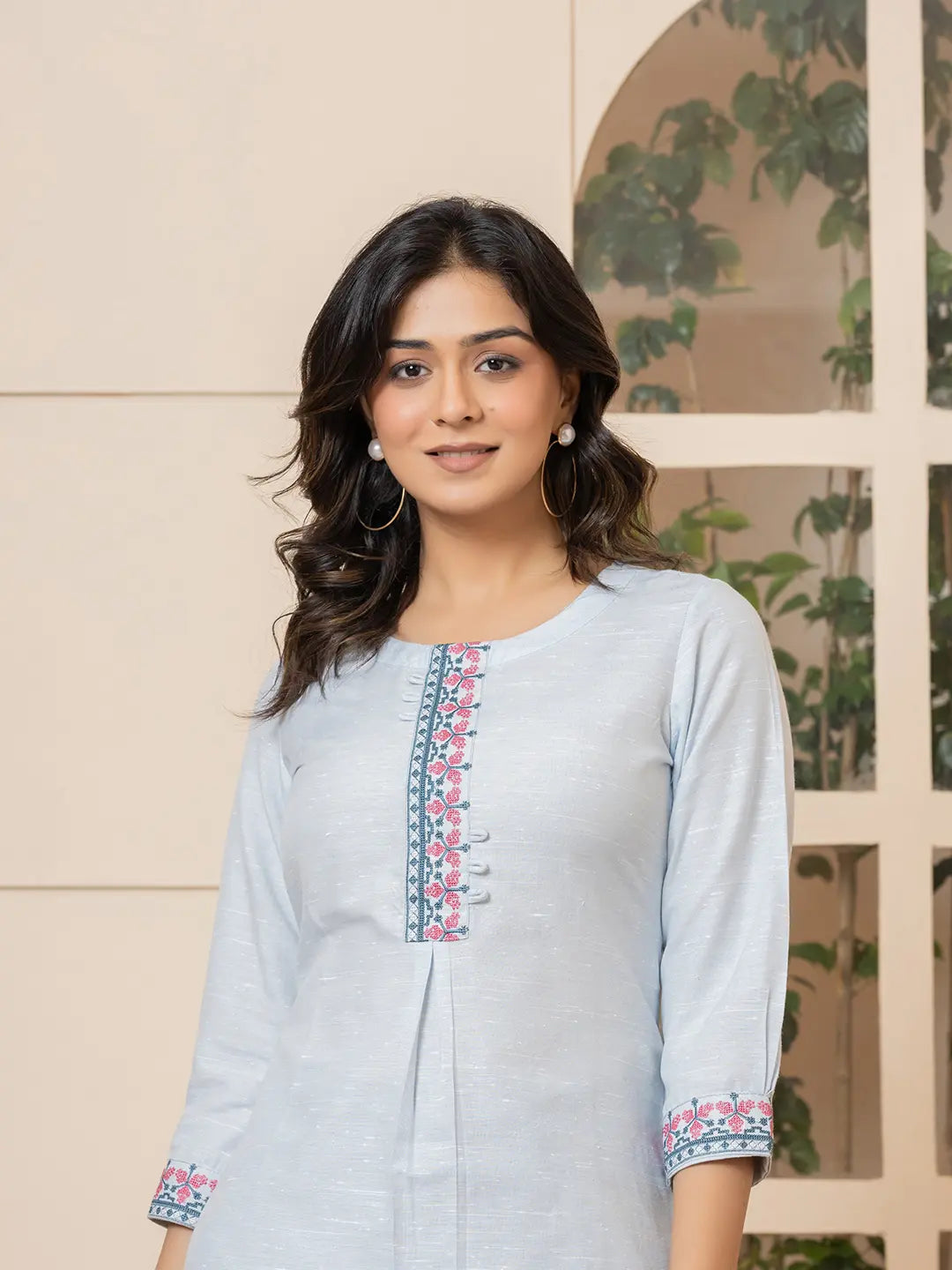 Linen Sky Blue Embroidery Straight Kurta-Yufta Store-6019KURSBS