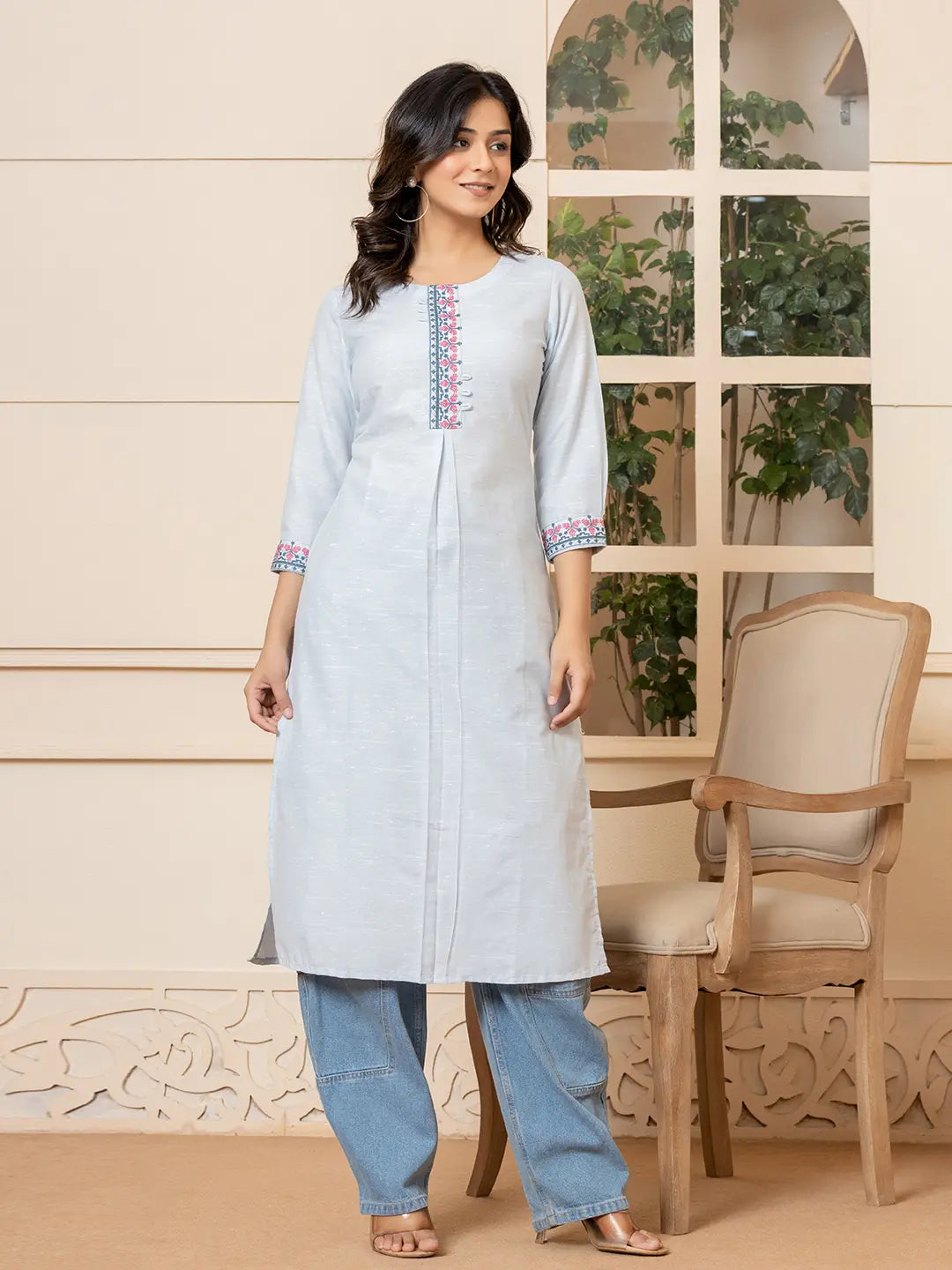 Linen Sky Blue Embroidery Straight Kurta-Yufta Store-6019KURSBS