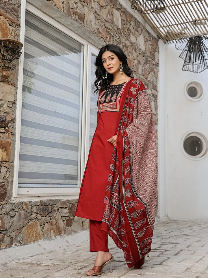 Maroon Cotton A Line Kurta Dupatta Set-Yufta Store-6513SKDMRM
