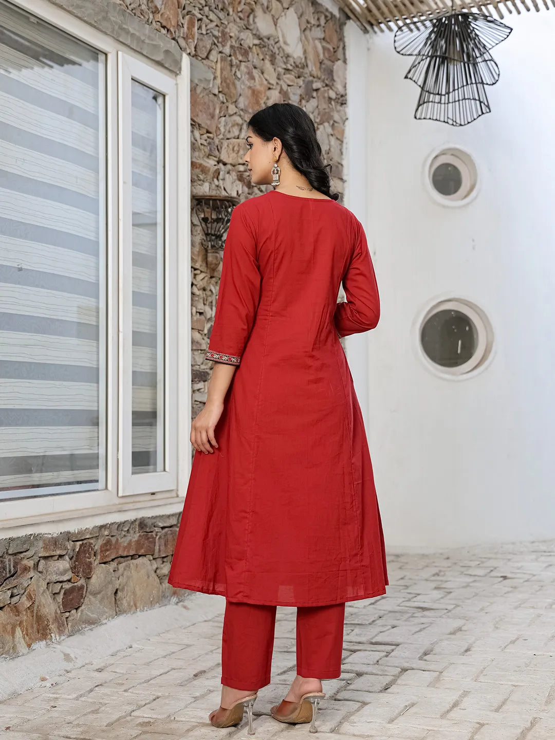Maroon Cotton A Line Kurta Dupatta Set-Yufta Store-6513SKDMRM