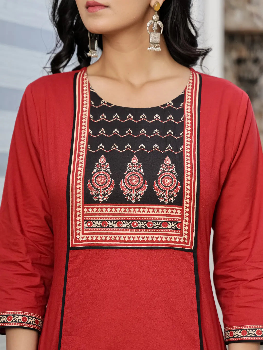 Maroon Cotton A Line Kurta Dupatta Set-Yufta Store-6513SKDMRM