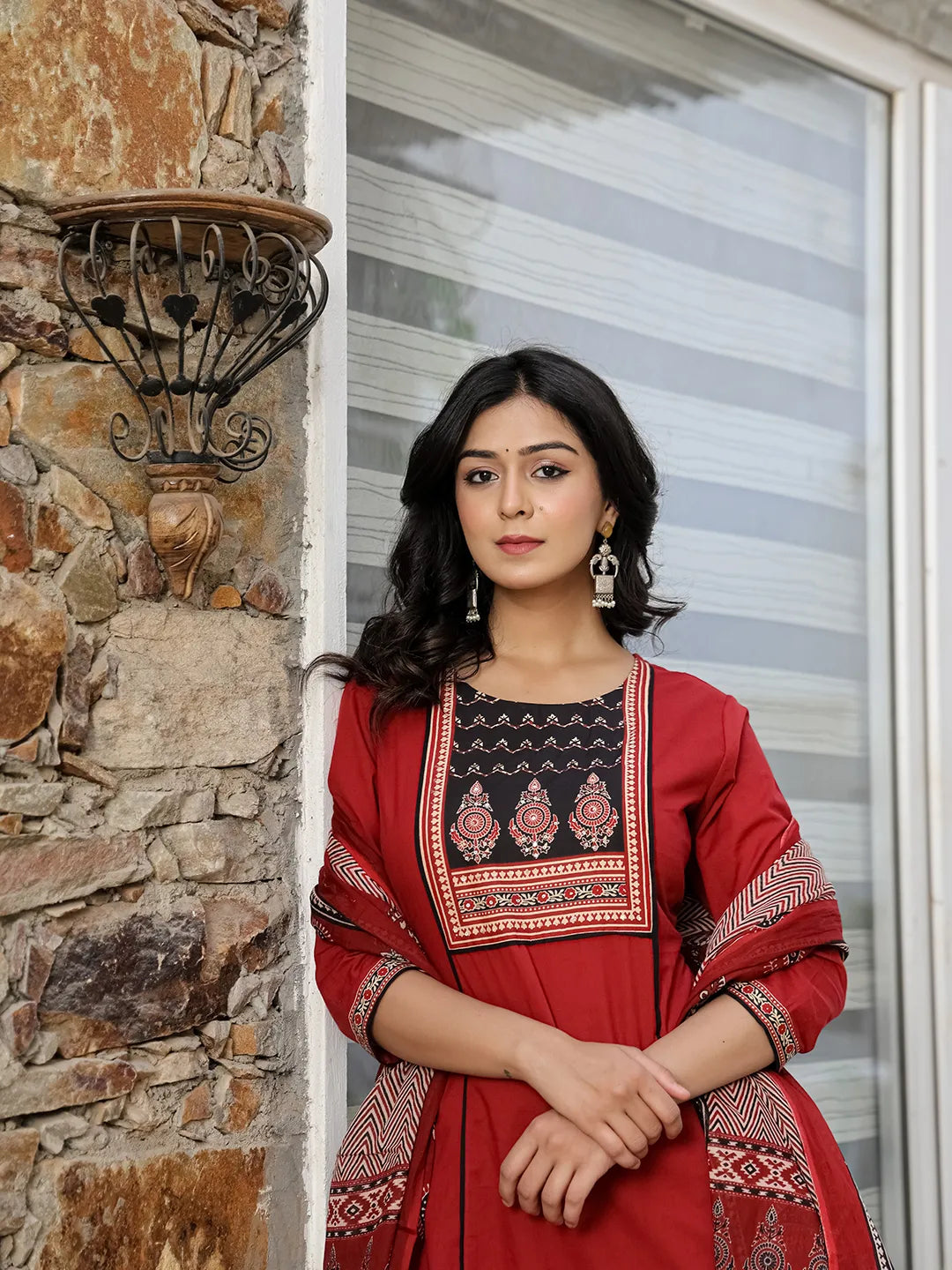 Maroon Cotton A Line Kurta Dupatta Set-Yufta Store-6513SKDMRM