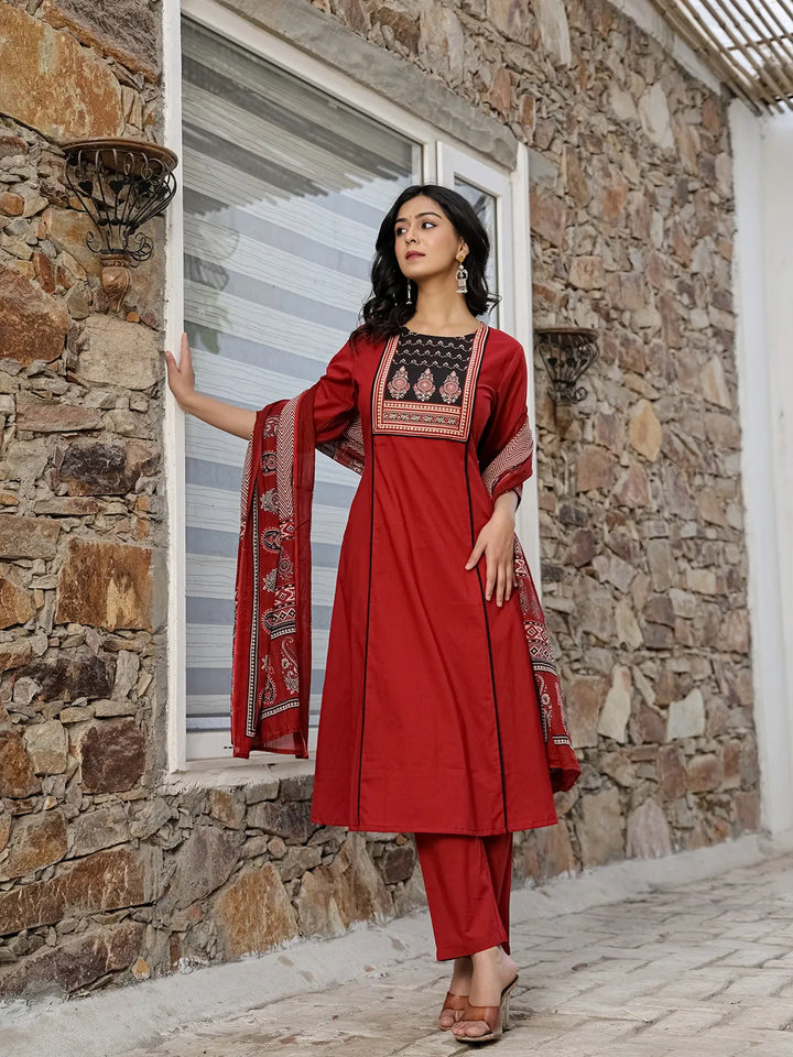 Maroon Cotton A Line Kurta Dupatta Set-Yufta Store-6513SKDMRM