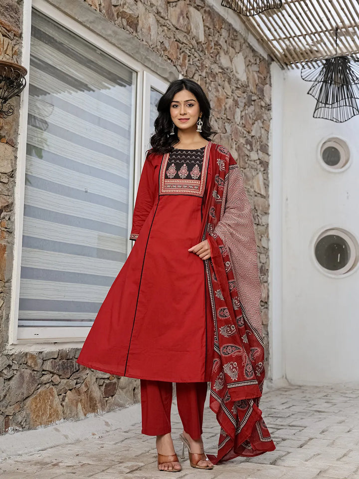 Maroon Cotton A Line Kurta Dupatta Set-Yufta Store-6513SKDMRM