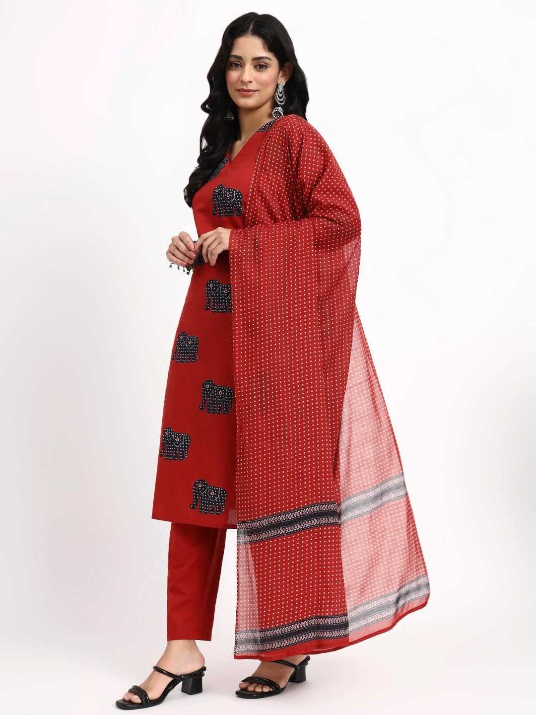 Maroon Cotton Ethnic Motifs Straight Kurta Pant Dupatta Set