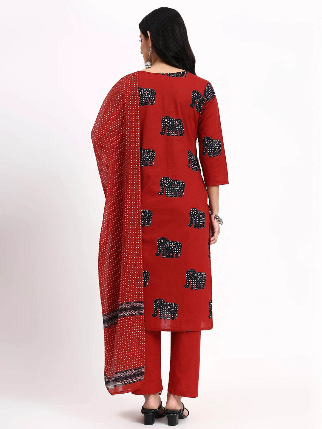 Maroon Cotton Ethnic Motifs Straight Kurta Pant Dupatta Set