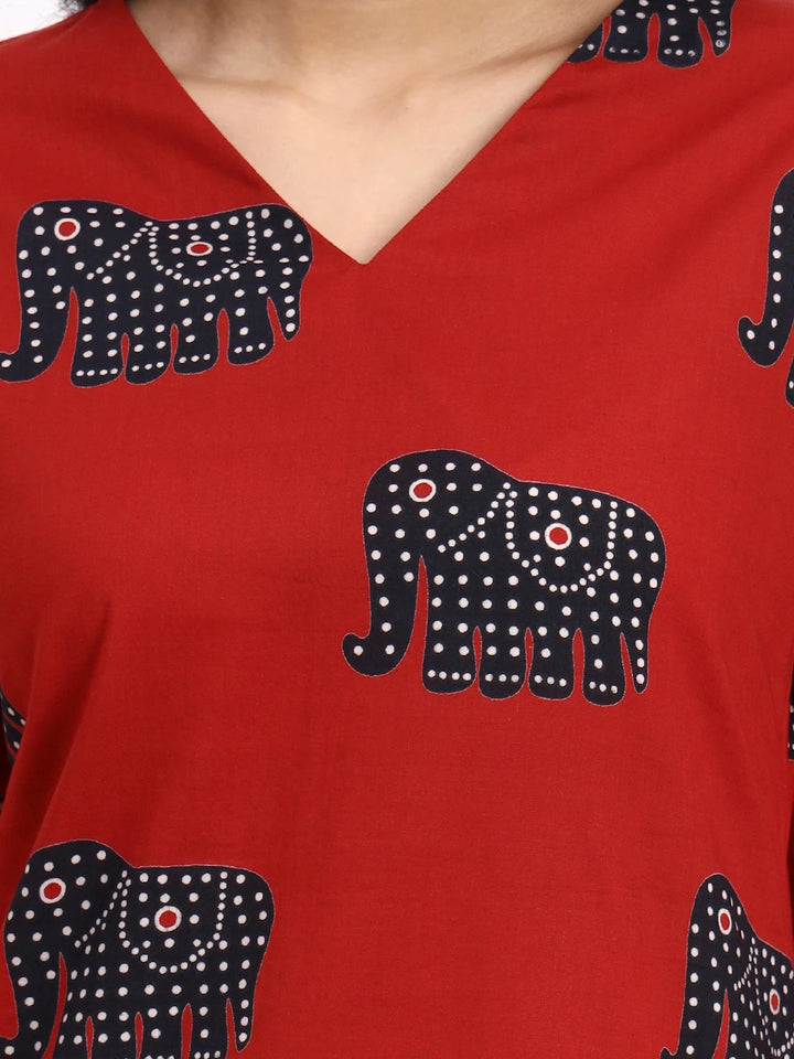 Maroon Cotton Ethnic Motifs Straight Kurta Pant Dupatta Set