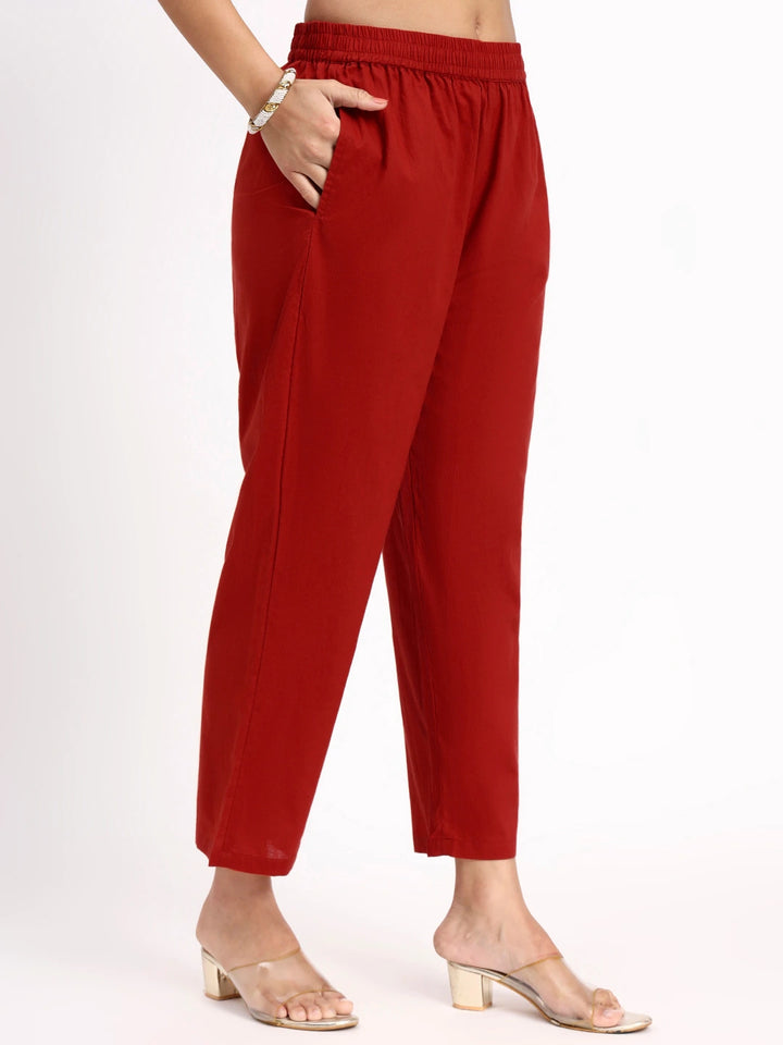 Maroon Cotton Ethnic Motifs Straight Kurta Pant Dupatta Set