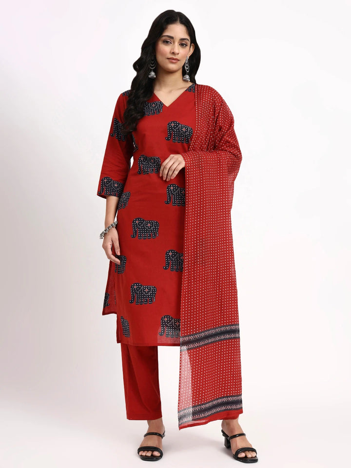 Maroon Cotton Ethnic Motifs Straight Kurta Pant Dupatta Set