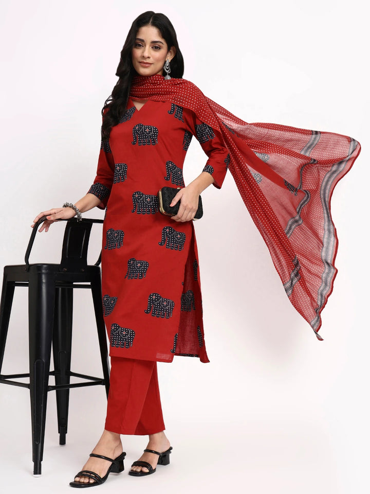 Maroon Cotton Ethnic Motifs Straight Kurta Pant Dupatta Set